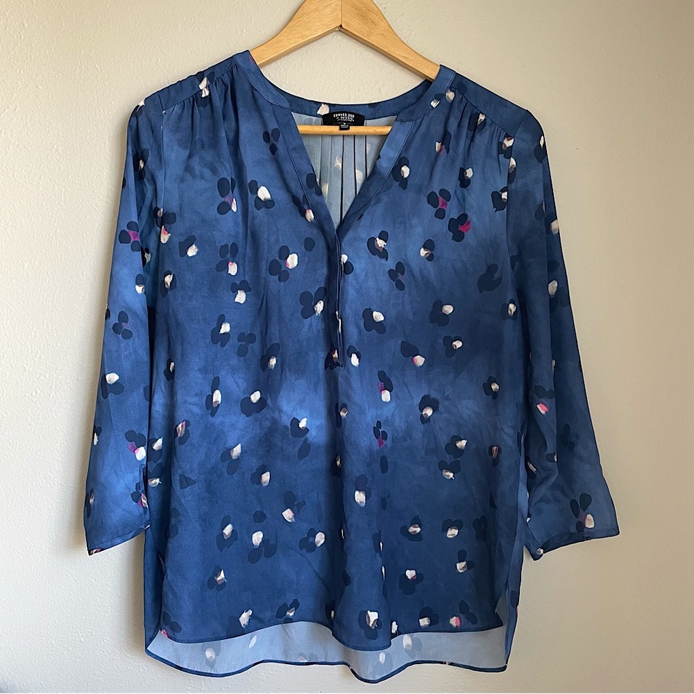 NYDJ curves 360 | 3/4 sleeve blue pintuck blouse | sz S